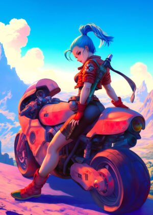 Anime Girl Biker: Cyberpunk Dreamscape Art Print - Premium Wooden Framed Poster. Ready to Hang.