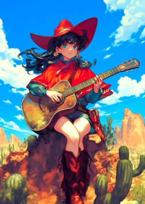 Cowgirl Serenade: A Vibrant Western Art Print - Premium Wooden Framed Poster. Ready to Hang.