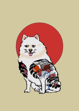 Yakuza Samoyed: Japanese Tattoo Art Dog - Premium Wooden Framed Poster. Ready to Hang.