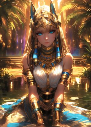 Blue-Eyed Goddess: A Digital Painting of an Egyptian Inspired Deity - Premium Wooden Framed Poster. Ready to Hang.