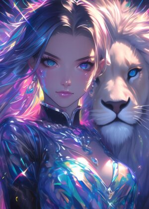 Glowing Girl and Majestic Lion: Fantasy Art Print - Premium Wooden Framed Poster. Ready to Hang.