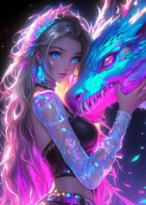 Neon Dragon Girl: Fantasy Art Print - Premium Wooden Framed Poster. Ready to Hang.