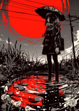 Crimson Reflections: An Anime-Inspired Art Print - Premium Wooden Framed Poster. Ready to Hang.