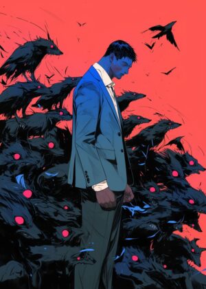 Surreal Darkness: A Man and His Shadow Beasts - Premium Wooden Framed Poster. Ready to Hang.
