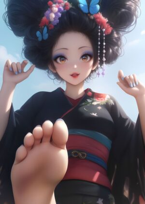 Joyful Geisha Smile: Anime Art Print - Premium Wooden Framed Poster. Ready to Hang.