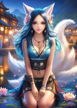 Enchanted Fox Spirit: Night Bloom - Premium Wooden Framed Poster. Ready to Hang.