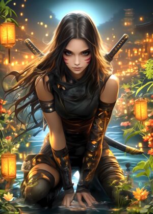 Determined Ninja: A Digital Art Print - Premium Wooden Framed Poster. Ready to Hang.
