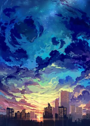 Anime Cityscape at Sunset: Vibrant Digital Artwork - Premium Wooden Framed Poster. Ready to Hang.