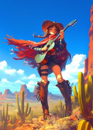 Cowgirl Serenade: Acoustic Guitar in the Desert - Premium Wooden Framed Poster. Ready to Hang.
