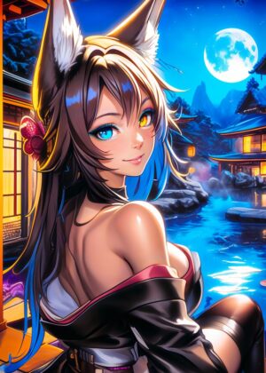 Kitsune Anime Girl Relaxing at a Tranquil Onsen - Premium Wooden Framed Poster. Ready to Hang.