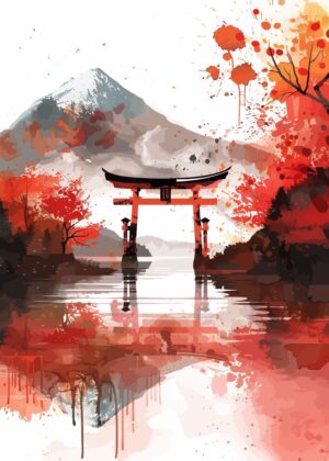Serene Autumn in Japan: Watercolor Landscape Art Print - Premium Wooden Framed Poster. Ready to Hang.