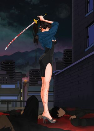 Night City Assassin: A Deadly Dance in the Shadows - Premium Wooden Framed Poster. Ready to Hang.