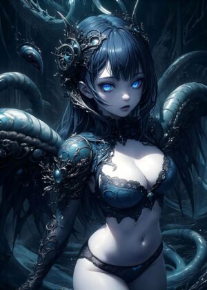 Mysterious Anime Snake Goddess: Dark Fantasy Art Print - Premium Wooden Framed Poster. Ready to Hang.