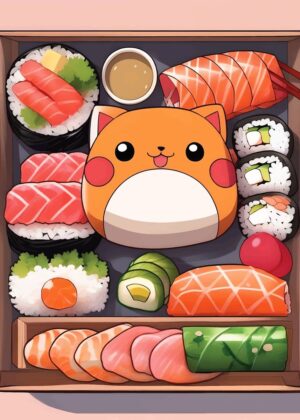 Adorable Anime Sushi Bento Box Illustration - Premium Wooden Framed Poster. Ready to Hang.