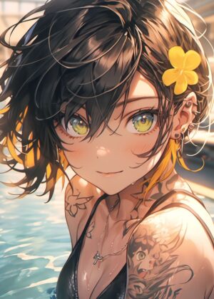 Anime Girl with Yellow Flower in Hair - Premium Wooden Framed Poster. Ready to Hang.