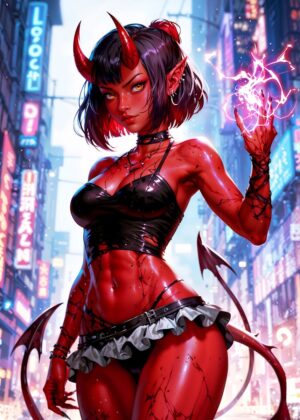 Fiery Anime Demon Girl Artwork - Premium Wooden Framed Poster. Ready to Hang.