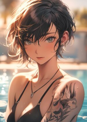 Sun-Kissed Anime Beauty by the Pool - Premium Wooden Framed Poster. Ready to Hang.