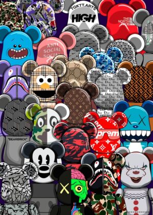 Bearbrick Collage: A Vibrant Fusion of Streetwear and Pop Culture - Premium Wooden Framed Poster. Ready to Hang.