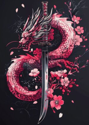 Crimson Dragon & Katana: Japanese Art Print - Premium Wooden Framed Poster. Ready to Hang.