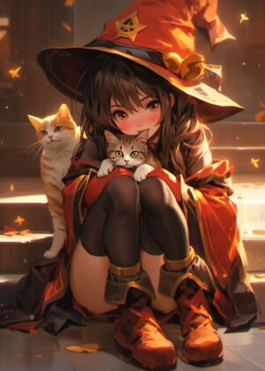 Witch and Cats: A Magical Autumn Scene - Premium Wooden Framed Poster. Ready to Hang.