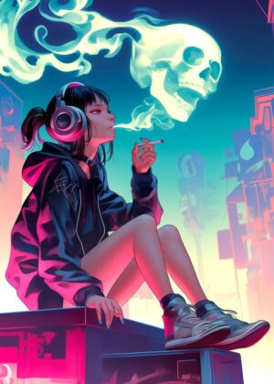 Cyberpunk Anime Girl Smoking - Premium Wooden Framed Poster. Ready to Hang.