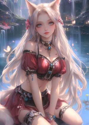 Fox Eared Girl by Water: Anime Art Print - Premium Wooden Framed Poster. Ready to Hang.