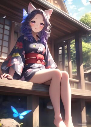 Charming Fox Girl in Traditional Kimono - Premium Wooden Framed Poster. Ready to Hang.