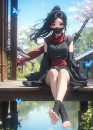 Elegant Ninja Girl Anime Art Print - Premium Wooden Framed Poster. Ready to Hang.