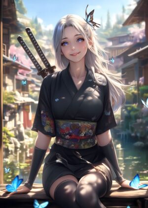 Elegant Samurai Girl in Traditional Kimono - Premium Wooden Framed Poster. Ready to Hang.