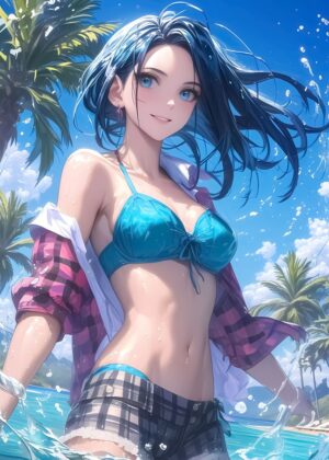 Stunning Anime Beach Girl Artwork - Premium Wooden Framed Poster. Ready to Hang.