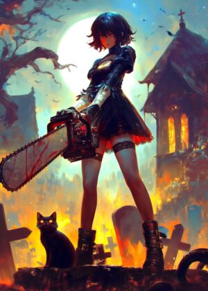 Goth Girl Chainsaw: Dark Fantasy Artwork - Premium Wooden Framed Poster. Ready to Hang.