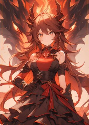 Fiery Anime Girl and Dragon Artwork Print - Premium Wooden Framed Poster. Ready to Hang.
