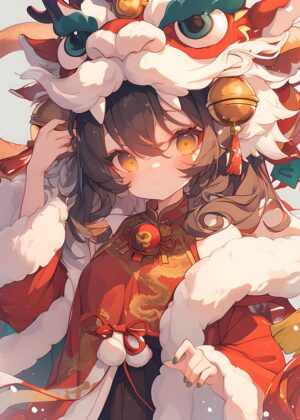 Adorable Anime Girl in Festive Lion Dance Costume - Premium Wooden Framed Poster. Ready to Hang.