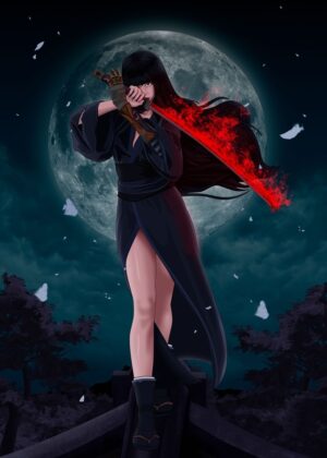 Demon Slayer Anime Girl: Night Moon Samurai Art - Premium Wooden Framed Poster. Ready to Hang.