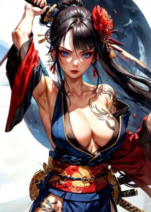 Fierce Asian Samurai Woman Art Print - Premium Wooden Framed Poster. Ready to Hang.