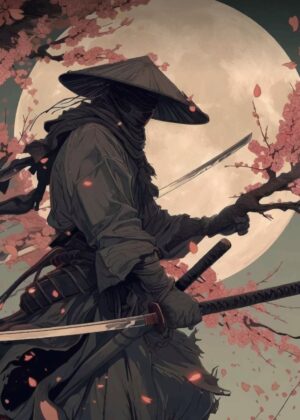 Mysterious Samurai Under the Moon - Premium Wooden Framed Poster. Ready to Hang.