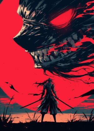 Samurai Facing a Demon: Red Moon Artwork - Premium Wooden Framed Poster. Ready to Hang.
