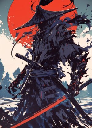 Crimson Sunset Samurai: A Japanese Art Print - Premium Wooden Framed Poster. Ready to Hang.