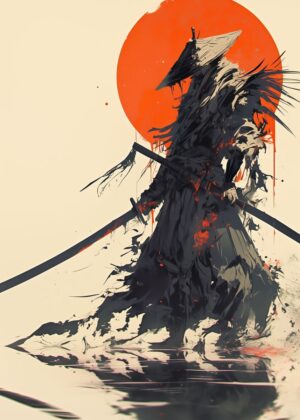 Samurai Sunset: A Digital Painting - Premium Wooden Framed Poster. Ready to Hang.
