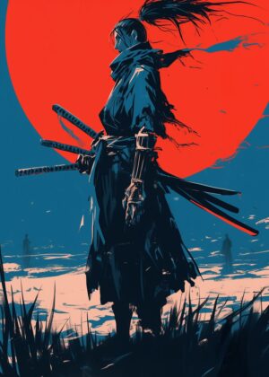 Ronin Under Crimson Sun: A Samurai Artwork - Premium Wooden Framed Poster. Ready to Hang.