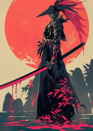Crimson Samurai: A Digital Art Print - Premium Wooden Framed Poster. Ready to Hang.