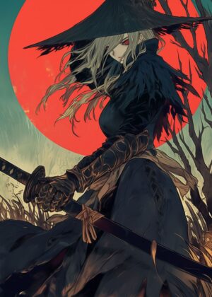 Elegant Samurai Woman Artwork: Red Sun and Sword - Premium Wooden Framed Poster. Ready to Hang.
