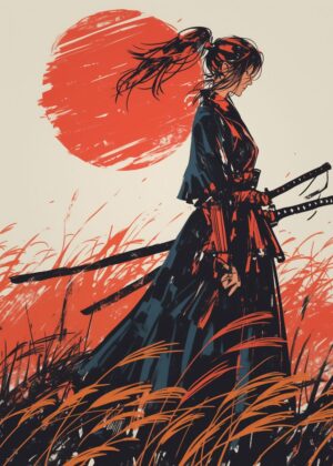 Sunset Samurai: A Warrior's Silhouette - Premium Wooden Framed Poster. Ready to Hang.