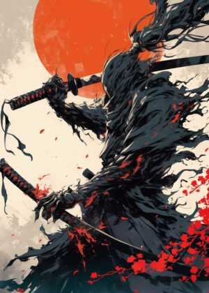 Fierce Samurai Artwork: Digital Painting of a Warrior - Premium Wooden Framed Poster. Ready to Hang.