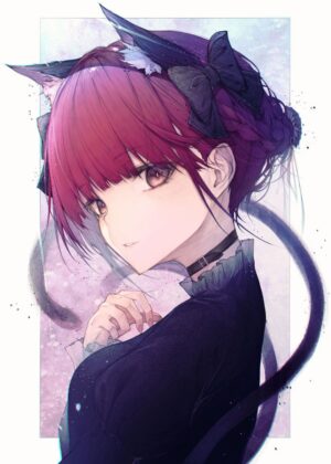 Anime Cat Girl Art Print: Mysterious Elegance - Premium Wooden Framed Poster. Ready to Hang.