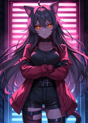 Neon Vigilante Anime Girl Art Print - Premium Wooden Framed Poster. Ready to Hang.