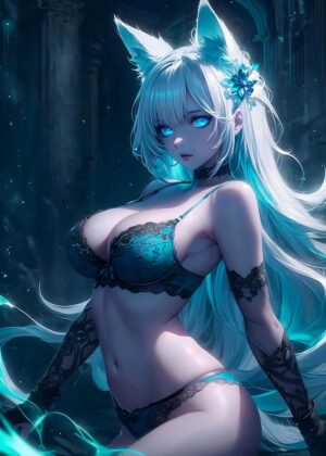 Enigmatic Blue Kitty Anime Girl Art Print - Premium Wooden Framed Poster. Ready to Hang.