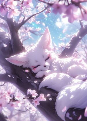 Dreaming Kitsune Fox: A Whimsical Art Print - Premium Wooden Framed Poster. Ready to Hang.