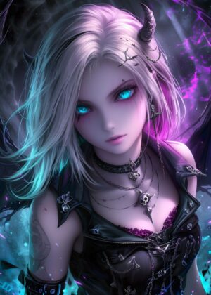 Cyan Pink Anime Girl: Digital Art Print - Premium Wooden Framed Poster. Ready to Hang.