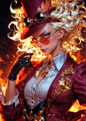 Steampunk Firestarter: A Fiery Portrait - Premium Wooden Framed Poster. Ready to Hang.